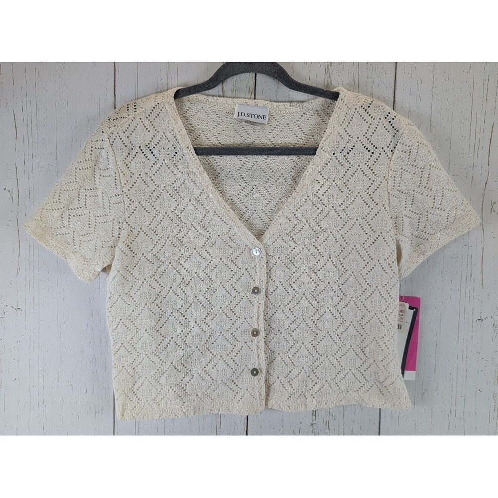 JD Stone Size‎ 8 Womens Ivory Cropped Button Up Knit Short Sleeve Top NWT